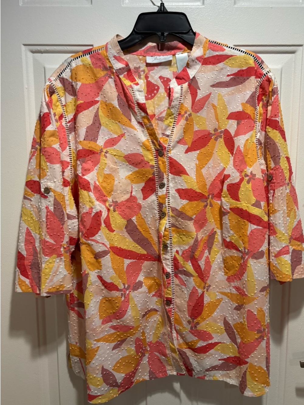 JH Collectibles Coral, Yellow & Cream Leaf-Print Blouse